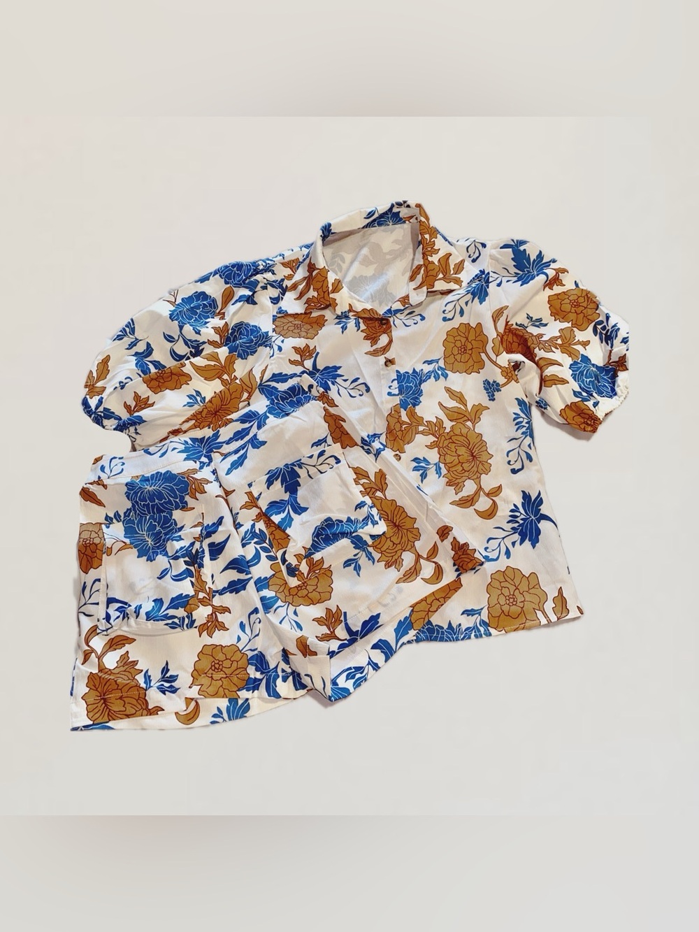 New White Floral Puff-Sleeve Shirt and Shorts with Blue & Brown Print